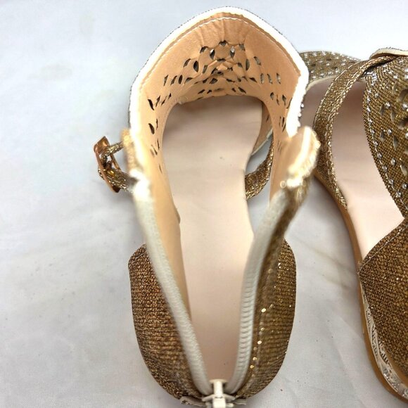 Zapatos De Mujer Gold Glitter Rhinestone Peep Toe Buckle Flat Wedge Sandals US 9 - Picture 5 of 9